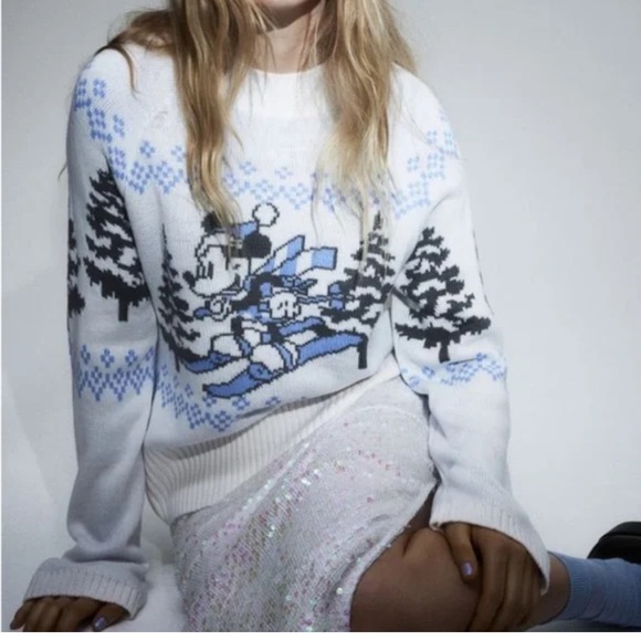 Disney Sweaters - Disney Gray and Blue Skiing Mickey Mouse Graphic Crewneck Sweater